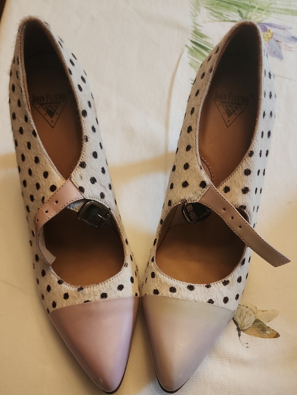 John Fluevog Beige Polka Dot Mary Jane Heels with Blush Pointed Toes